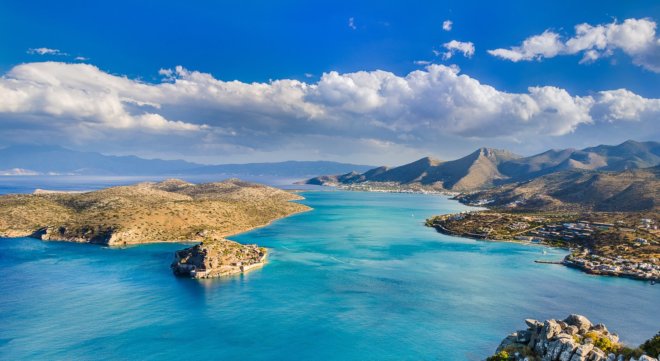 Aerial view of Spinalonga island in the turquoise waters near Elounda, Crete