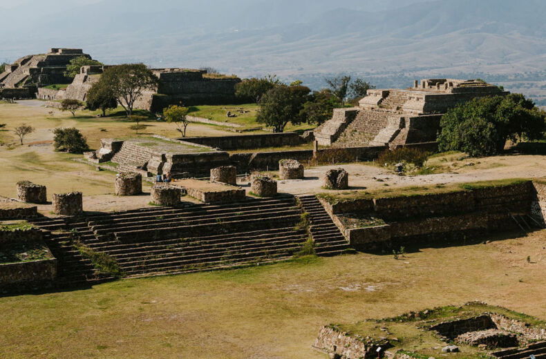 Ancient stone pyramids and plaza at Monte Albán overlooking the Oaxaca valley, Mexico
