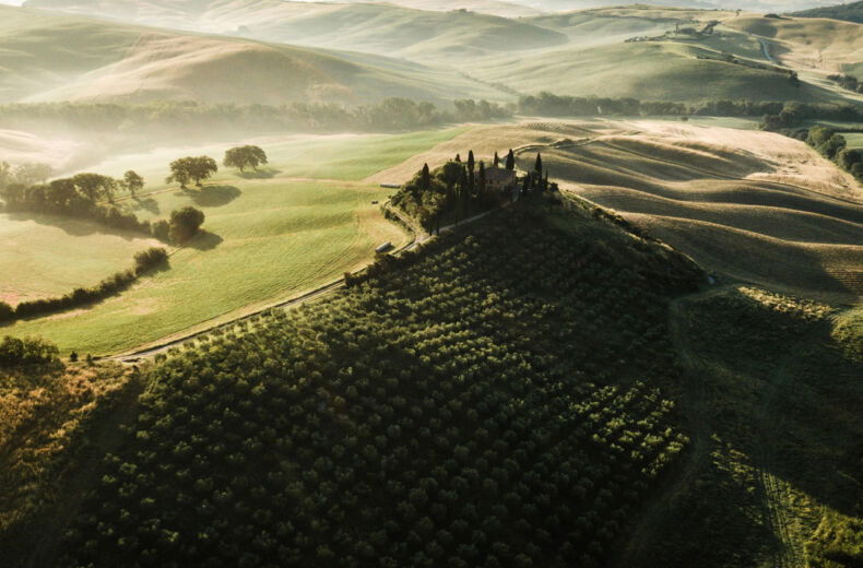 Aerial view of a misty sunrise in the Val d’Orcia, Tuscany, Italy, featuring rows of vineyards, rolling green hills, and a secluded stone farmhouse surrounded by iconic cypress trees.